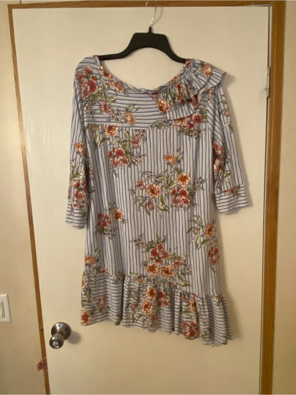 Striped Floral Ruffle Hem Tunic - Blue & Rust Floral